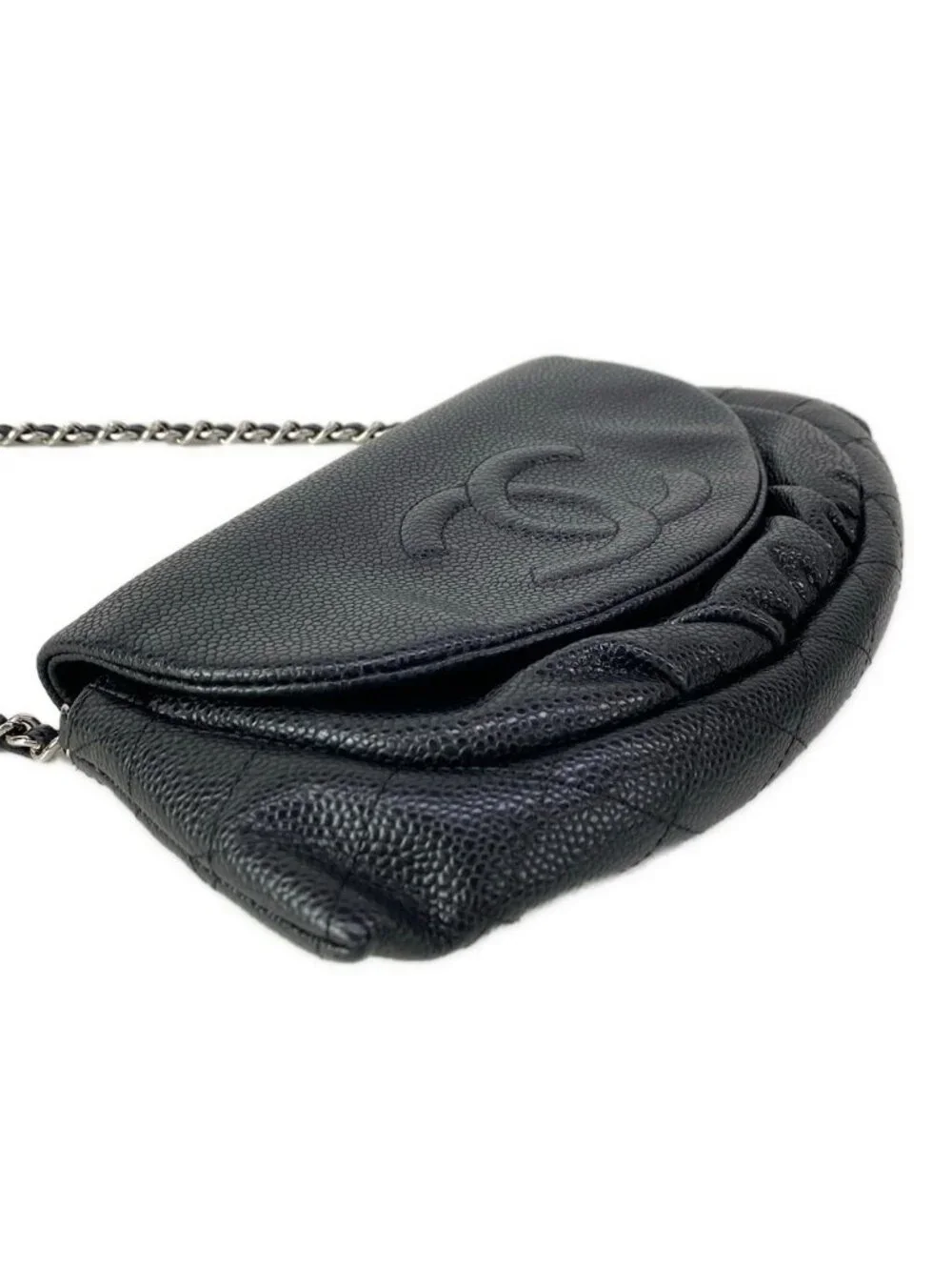 Chanel Wallet Half Moon Black Chain Shoulder Silver CC Logo